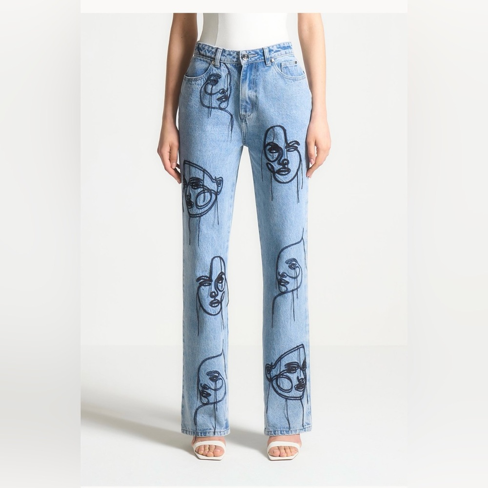 Maniere De Voir Blue “Wearable Art “ Straight Leg Jeans with Skull Pattern
